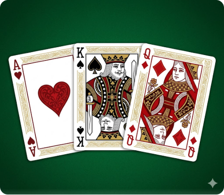 Classic playing cards: Ace of Hearts, King of Spades, Queen of Diamonds